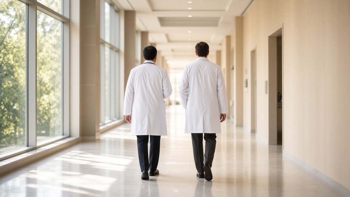 Clinicians walking a hospital corridor