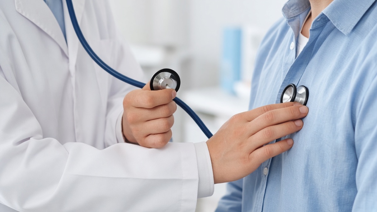 A clinician listens to a patient’s chest with a stethoscope