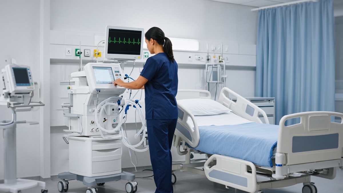 An intensive care room with a ventilator and bedside monitor