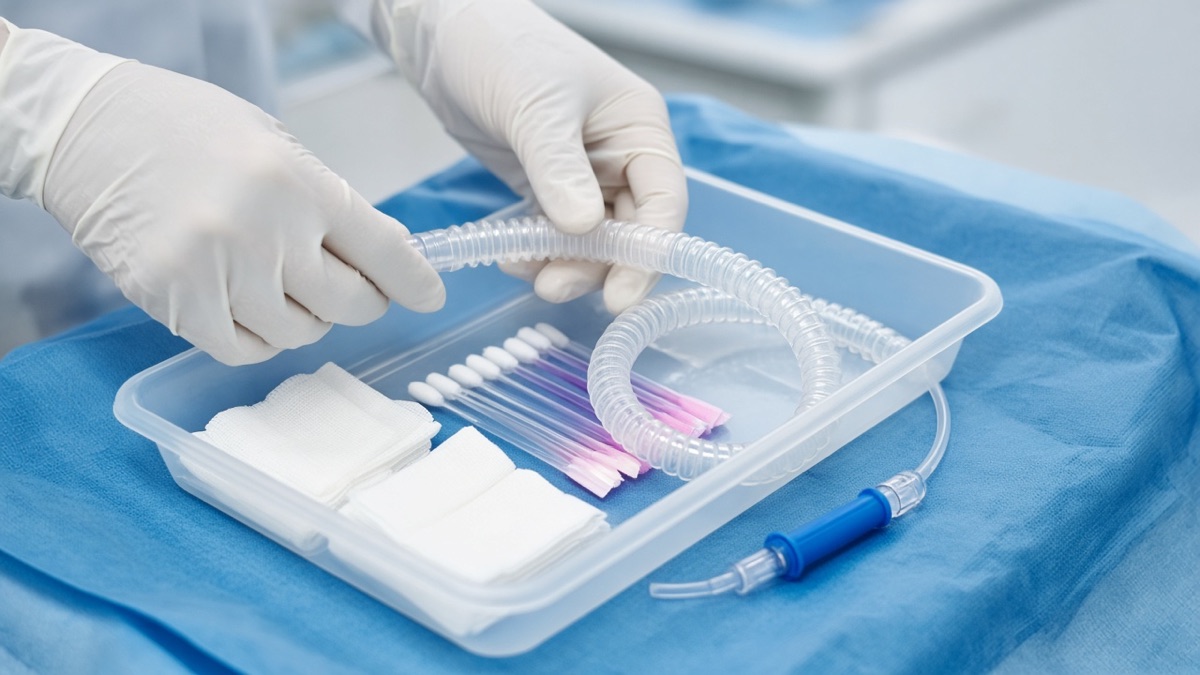 Sterile tubing and swabs arranged for a chest procedure