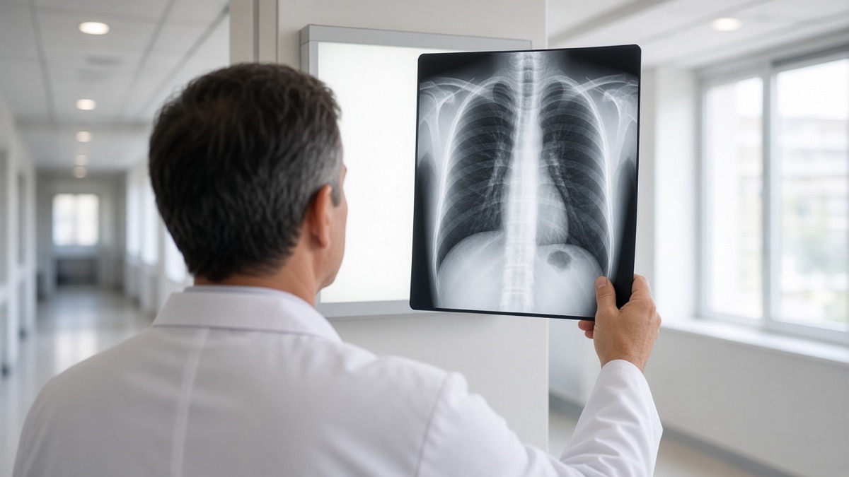 A clinician reviews a chest X-ray
